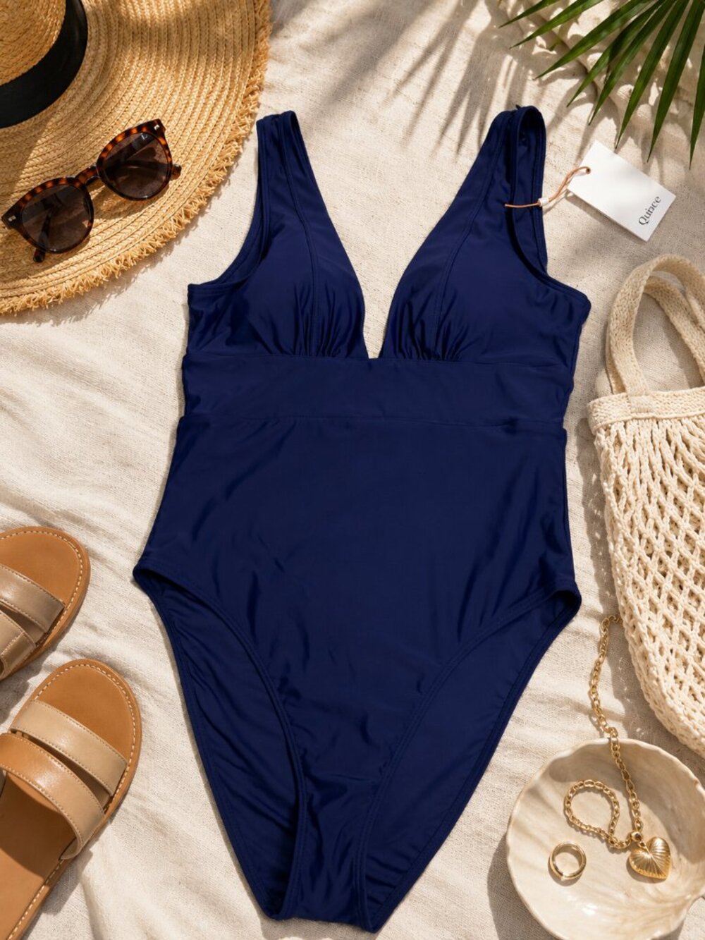 NWT Quince Navy One Piece Swimsuit Resort Coastal Chic UPF 50 Size L